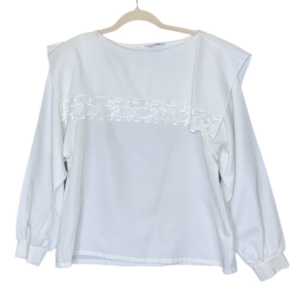 Vintage Floral Embroidered Sailor Collar Long Ballon Sleeve White Blouse 10 - Picture 1 of 9